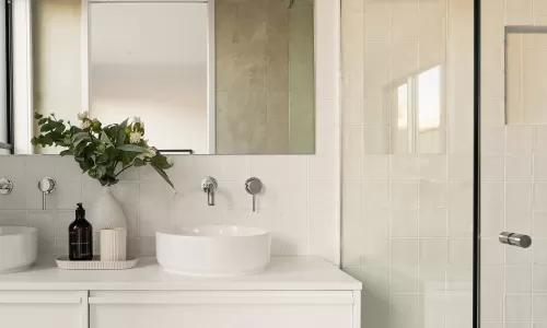 Modern bathroom with a glass shower, white vanity, round sink, and large mirror, decorated with plants