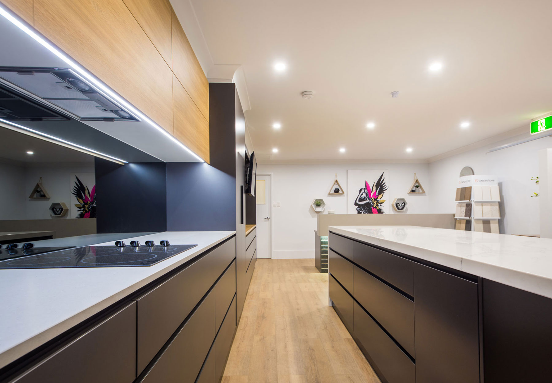 kitchen stove and kitchen black cabinets