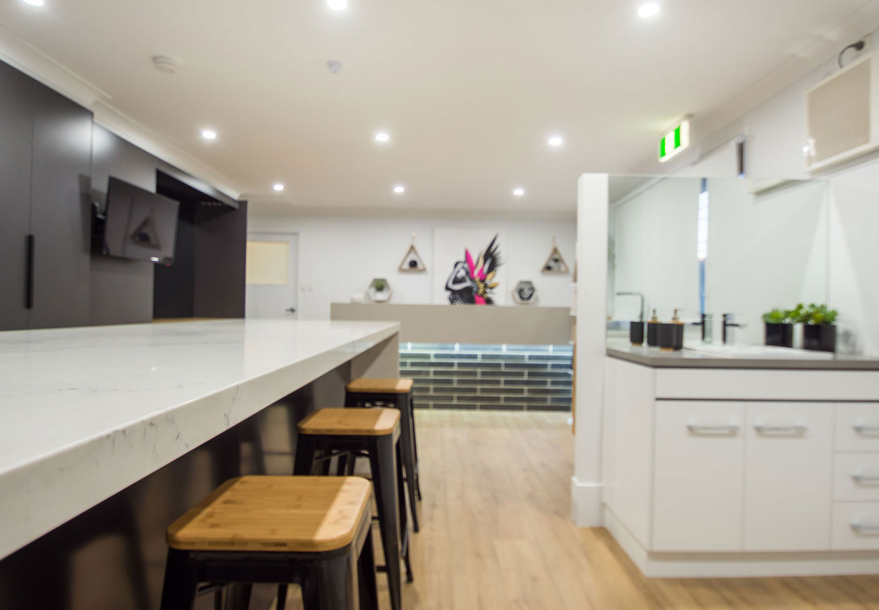 kitchen table with high chair and bathroom cabinet showroom