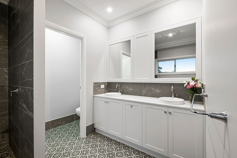 Grayed Tile Bathroom White Sink Cabinet