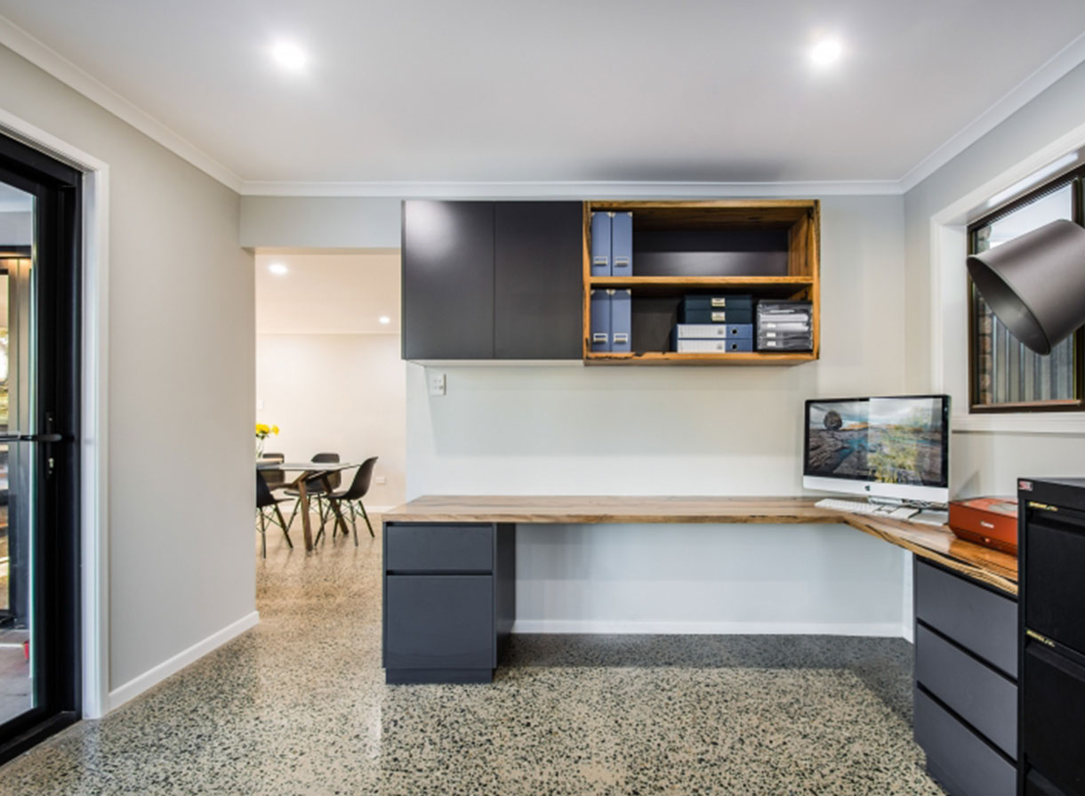 angled office table setup