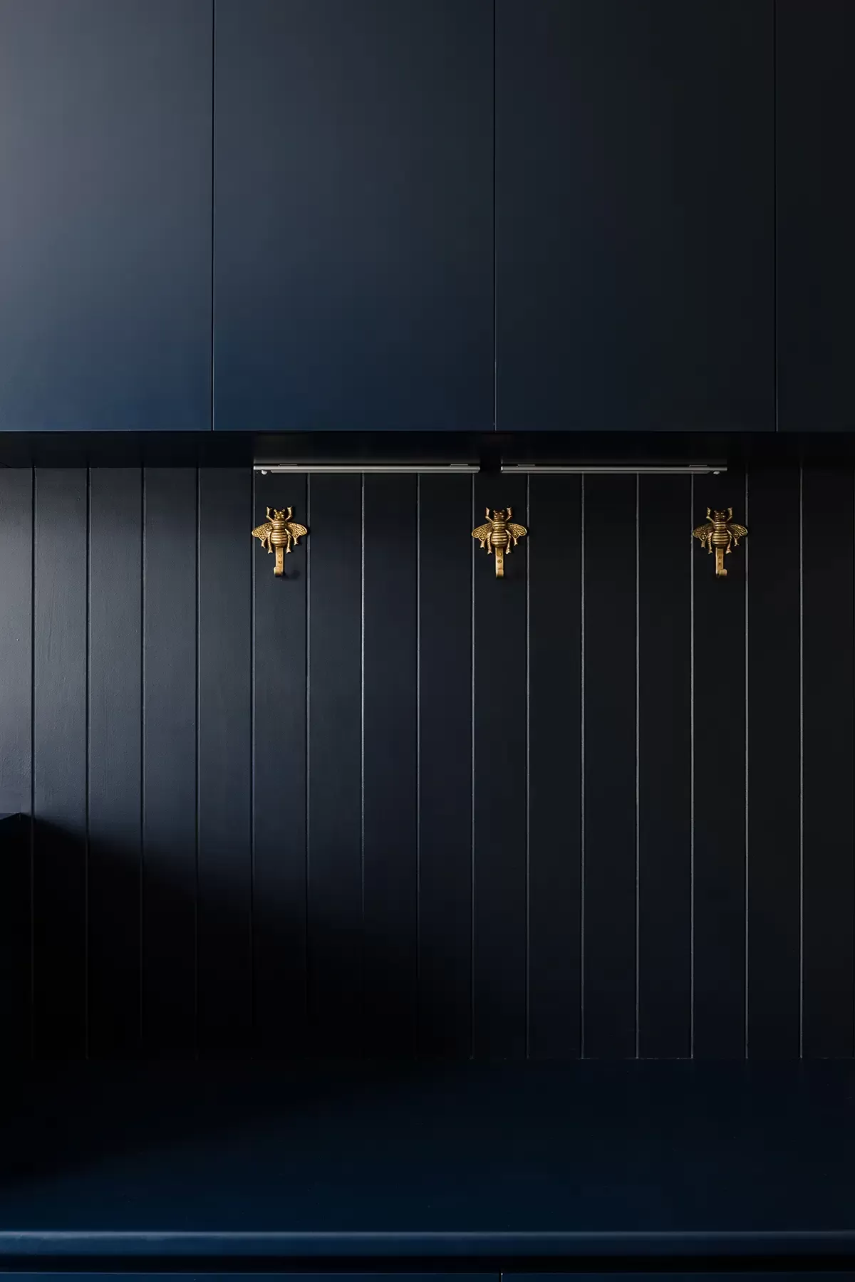 Dark mudroom wall with gold insect-shaped hooks