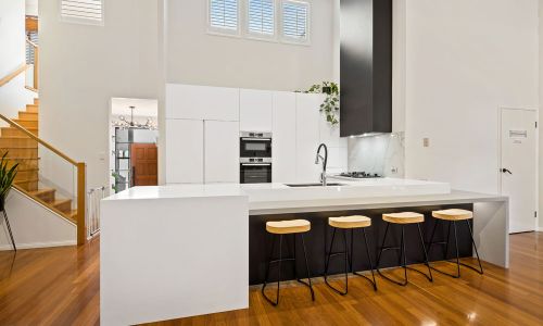 wooden floor kitchen white wall design