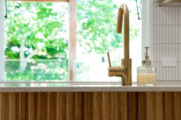 kitchen with white and wooden themed design