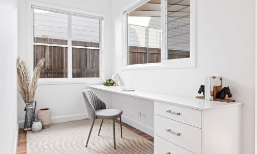white desk with 3 white drawer on the side