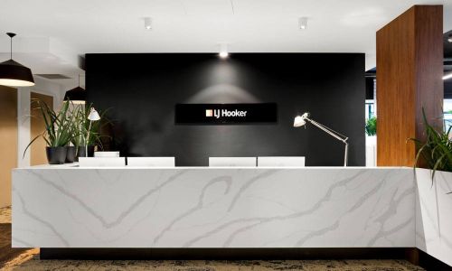 Front Desk in black and white front view