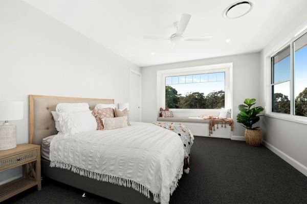 Trafalgar house master bedroom in white and light grey theme