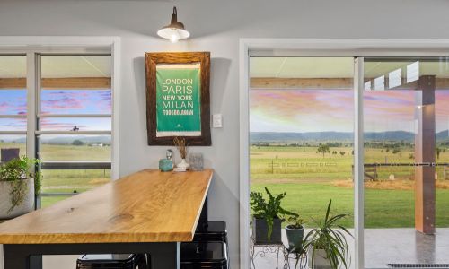 wooden table and exit doors