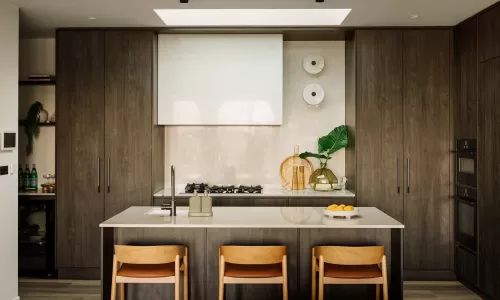 Modern kitchen with wood cabinetry, island seating, and minimalist decorative accents.