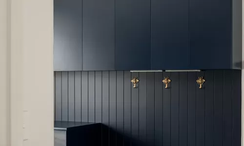 Mudroom with navy cabinets and gold wall hooks