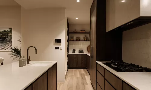 Modern kitchen with dark cabinetry, gas stove, island sink, and walk-in pantry with shelving.