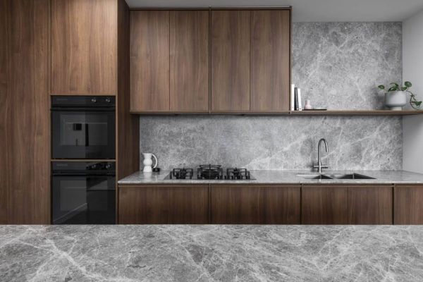 Keira Kitchen with Wooden Wall Base Cabinets and Gray Marble Chop Table