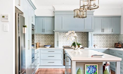 light blue colored and kitchen white table top