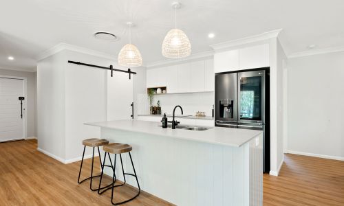 Full view of Kitchen in black and white theme design