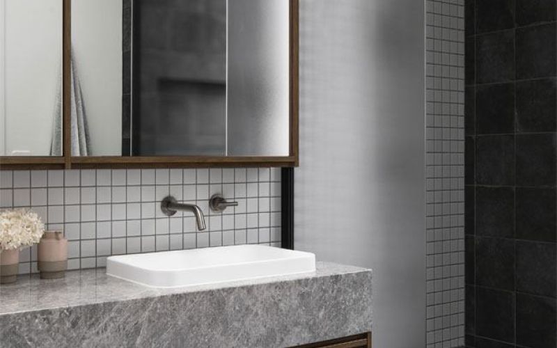 Keira Bathroom with Marble and Wooden Sink